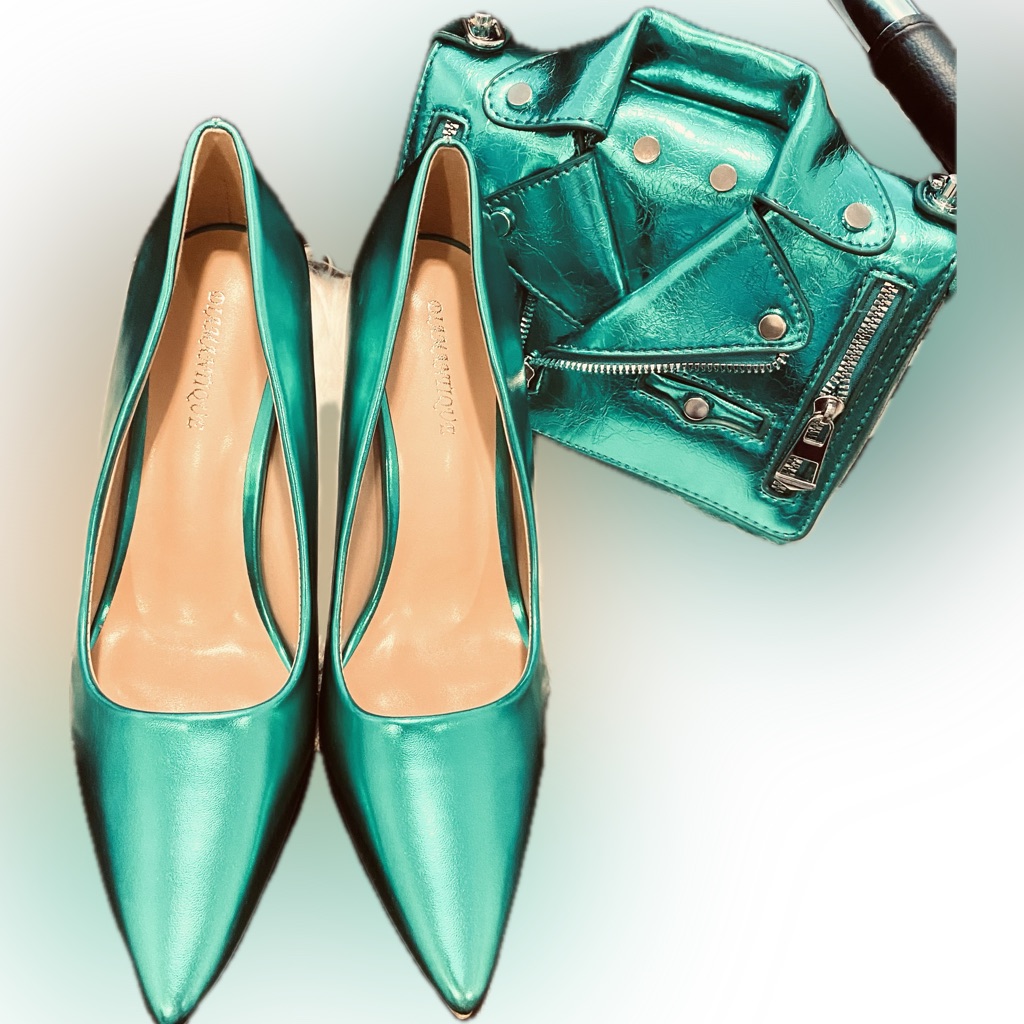 Metallic Green High Heels With Matching Motorcycle Crossbody Bag - Us9 Eu40